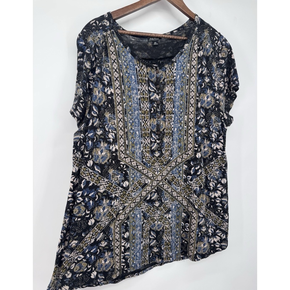 LUCKY BRAND 2X Blue Black Tan Floral Boho Short Sleeve Top Cotton comfort fall
